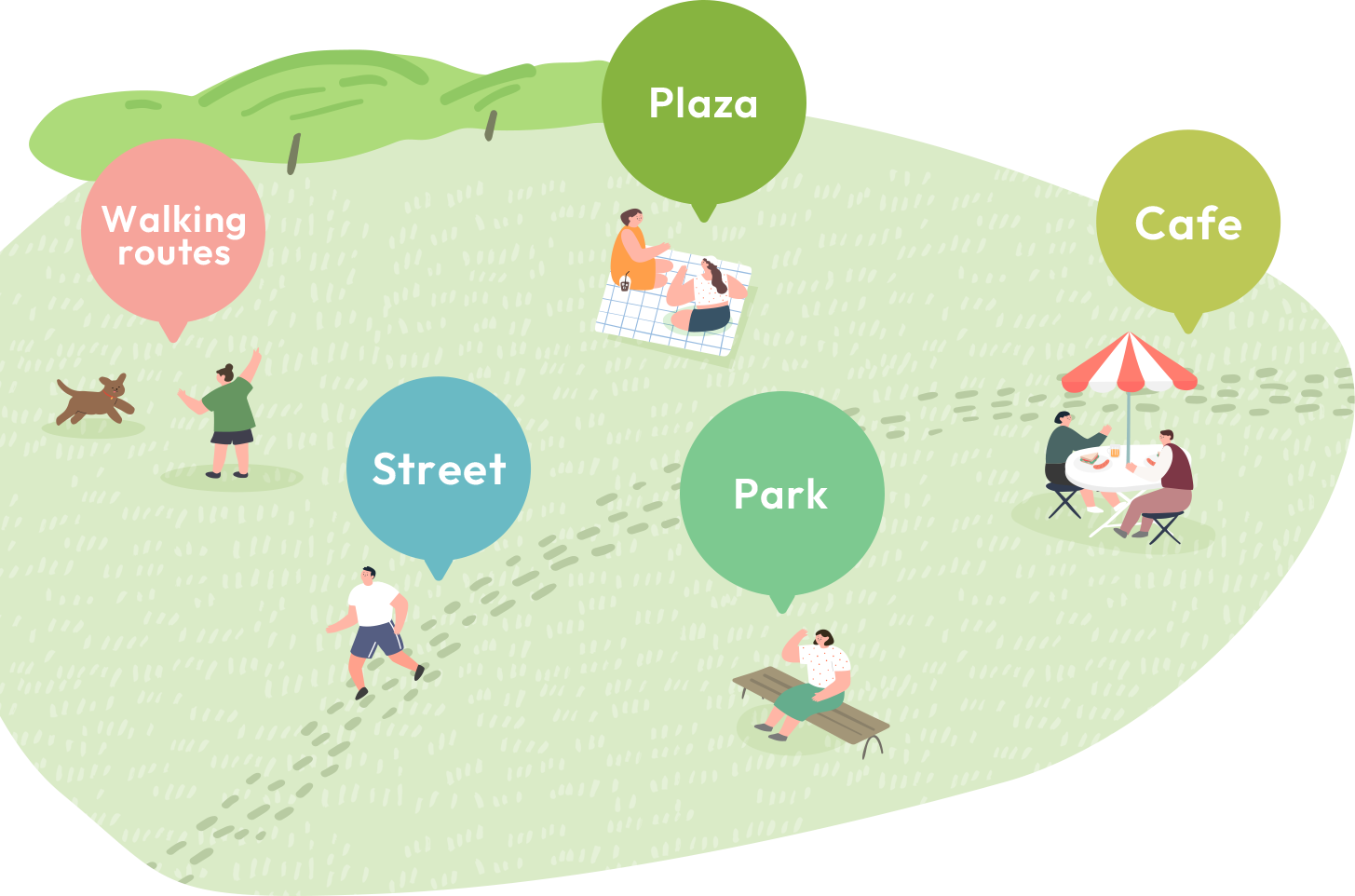 広場 カフェ 公園 Street Walking routes