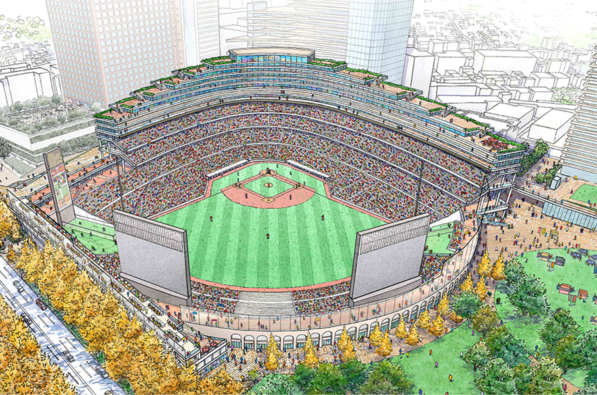 Baseball stadium annexed with a hotel